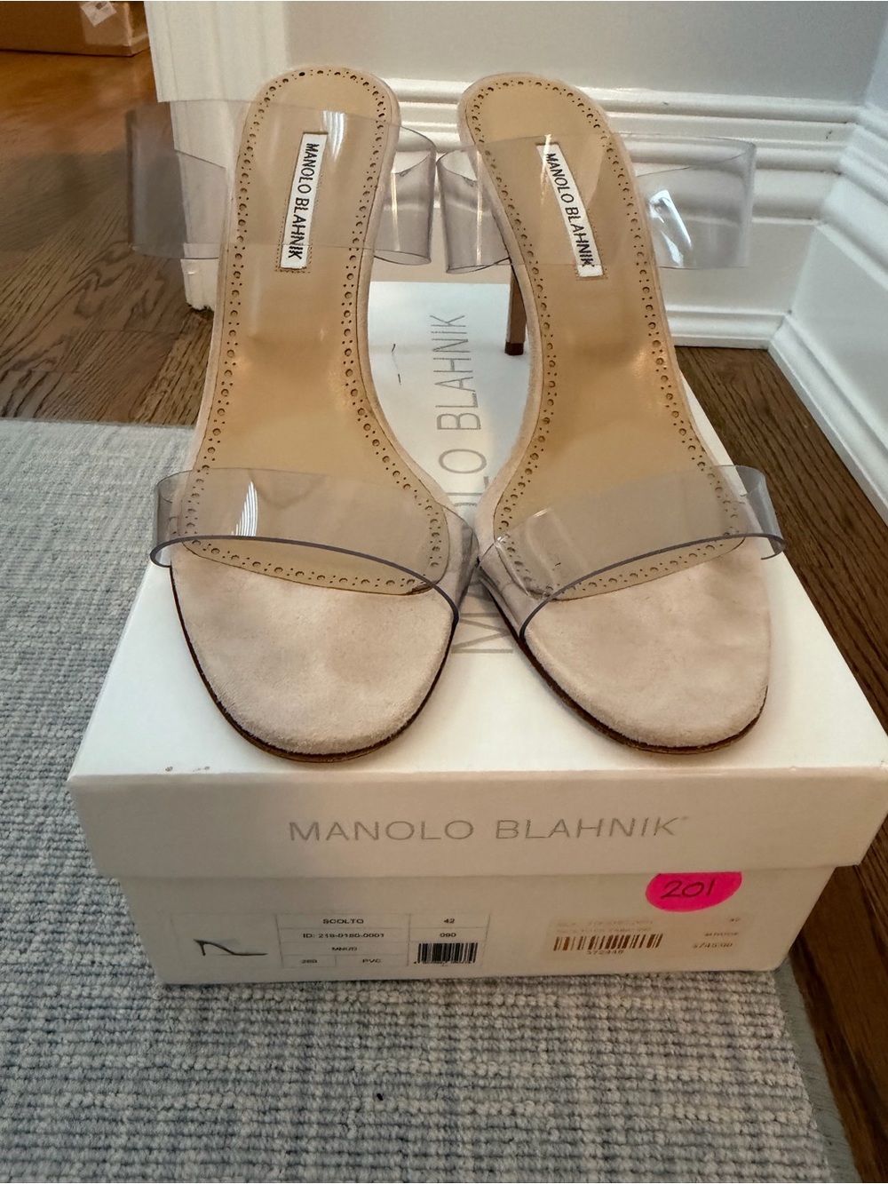 Manolo Blahnik Scolto Nude Clear Strap Suede Slide Sandals